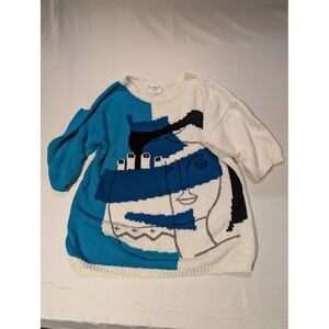 ADOLFO Collectibles Mens Large Abstract Face Knit Sweater Blue White Black